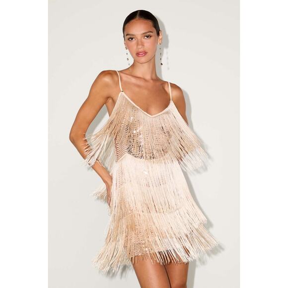 NWT Lulus Get in the Groove Champagne Sequin Fringe Bodycon Dress Flapper Size S - Picture 1 of 8
